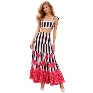 Blithe Los Angeles Striped Floral Rose‎ Two Piece Crop Top Maxi Skirt Set Size M